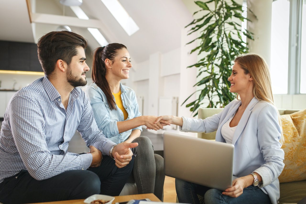 women shaking hands with man plant